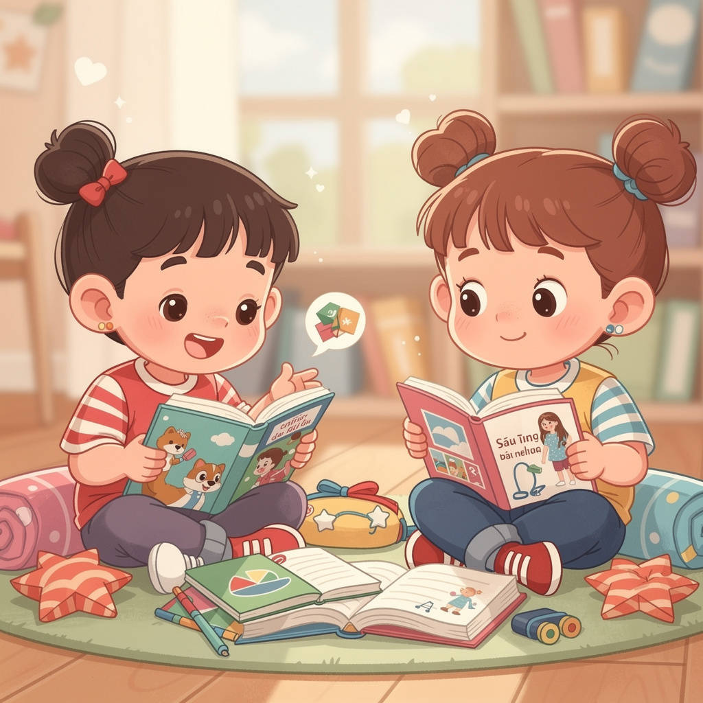 Hai học sinh đang cùng đọc sách